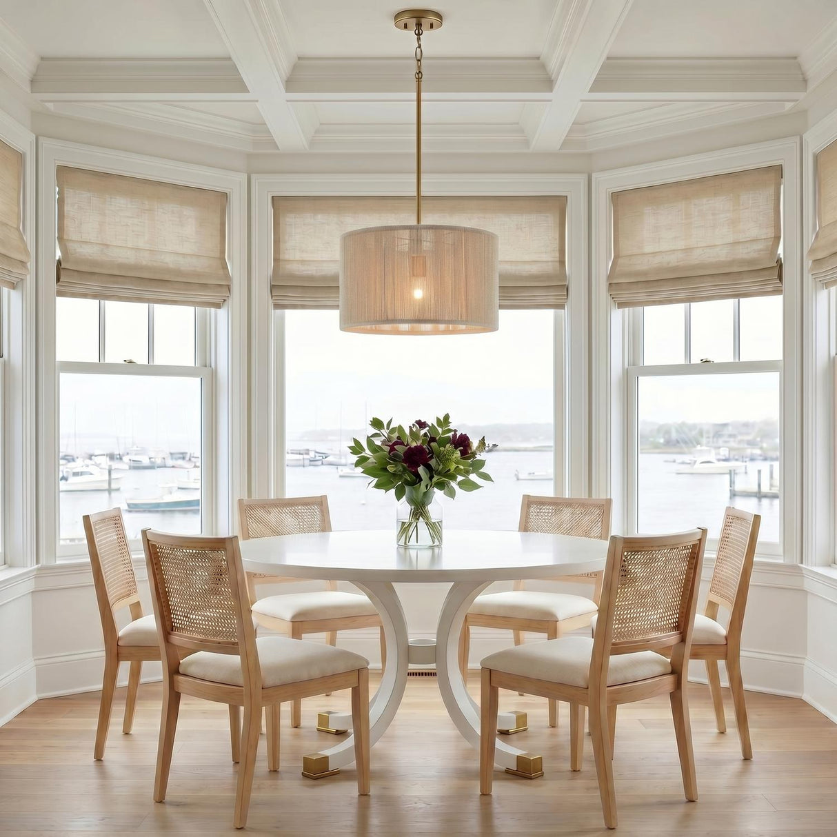 A coastal dining room with the Malou Drum Pendant in natural rope and matte brass over a white circular table and cane chairs under a coffered ceiling.