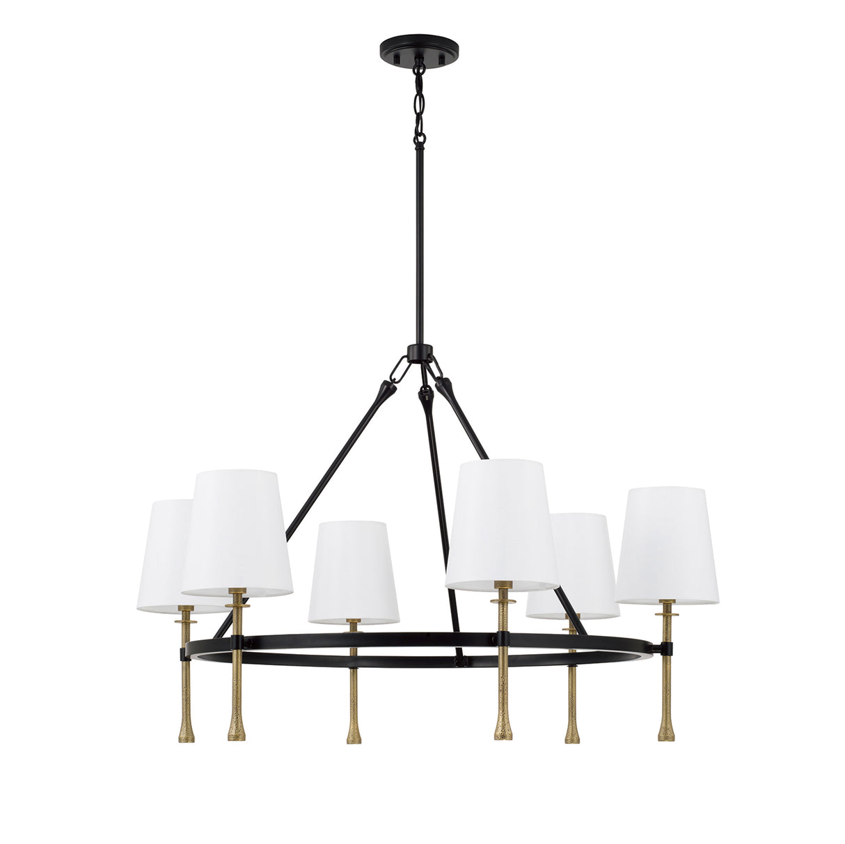 Gerald 6 Light Chandelier 35", Matte Black and Hammered Brass