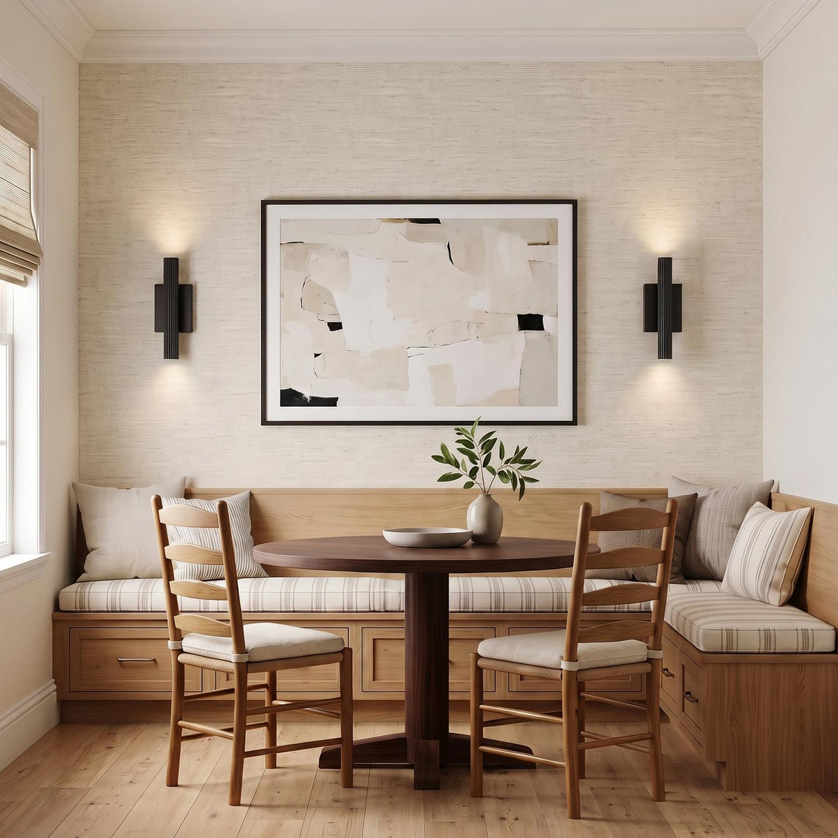 A contemporary dining room with two Simeon Medium LED Wall Sconces in matte black flanking abstract art above a light wood bench and pedestal table.