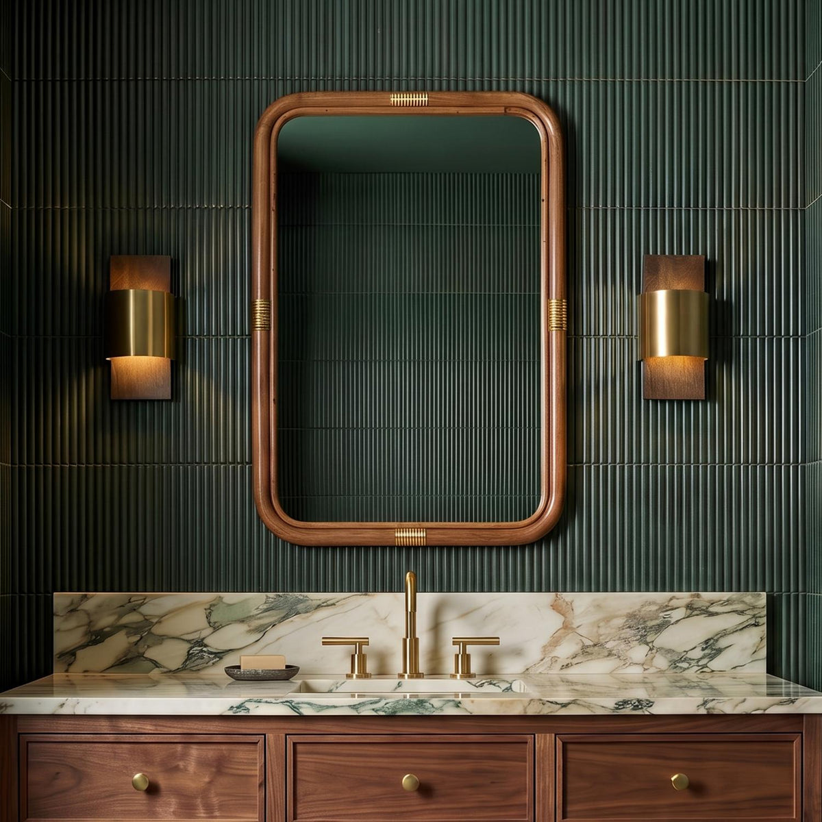 A modern bathroom with the Solace LED Wall Sconce in espresso wood and matte brass flanking a mirror over a marble vanity and fluted tiles.