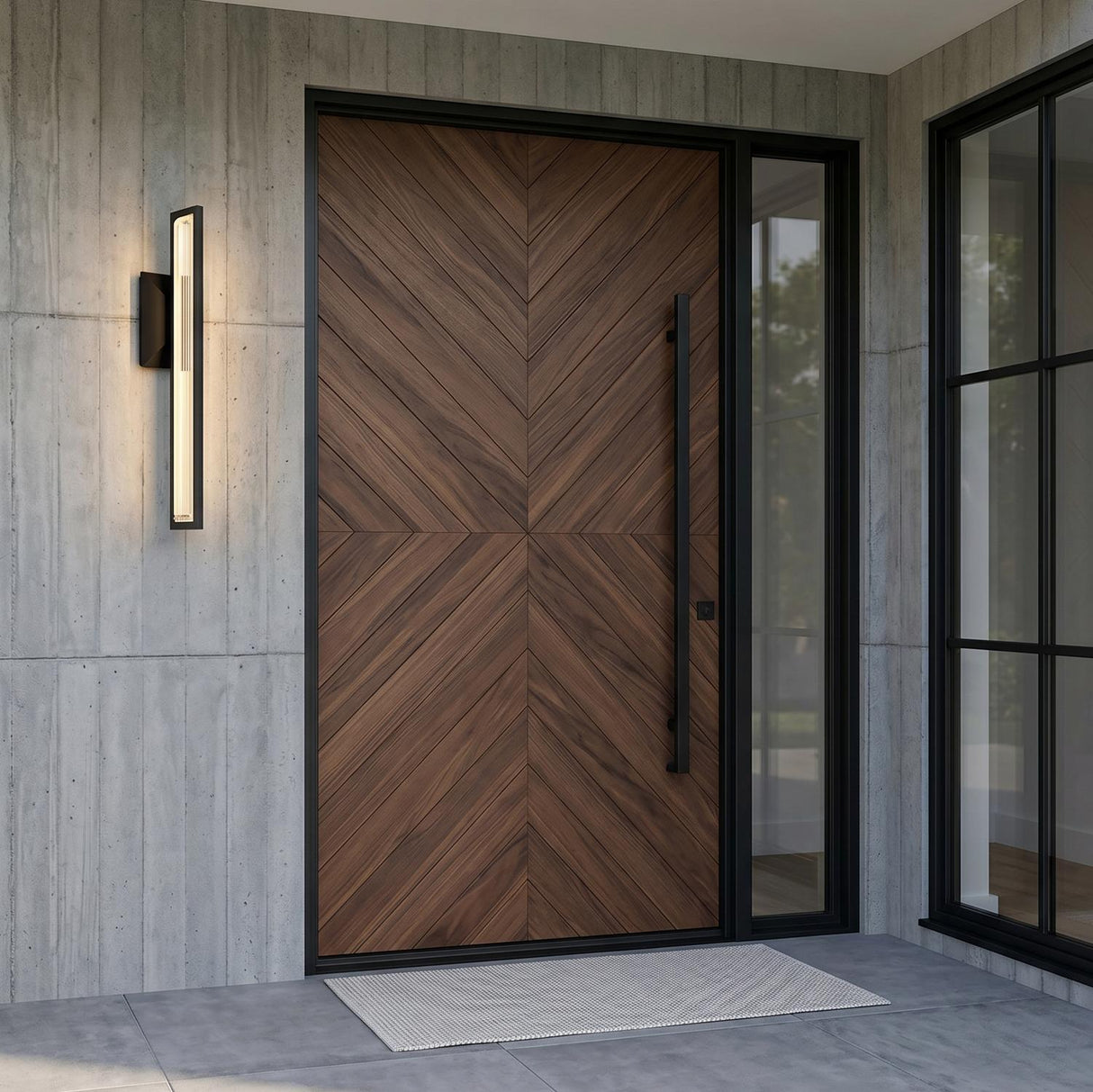 A modern home exterior with the matte black Enzina LED Outdoor Wall Light and ribbed crystal mounted on board-formed concrete beside a walnut chevron front door.