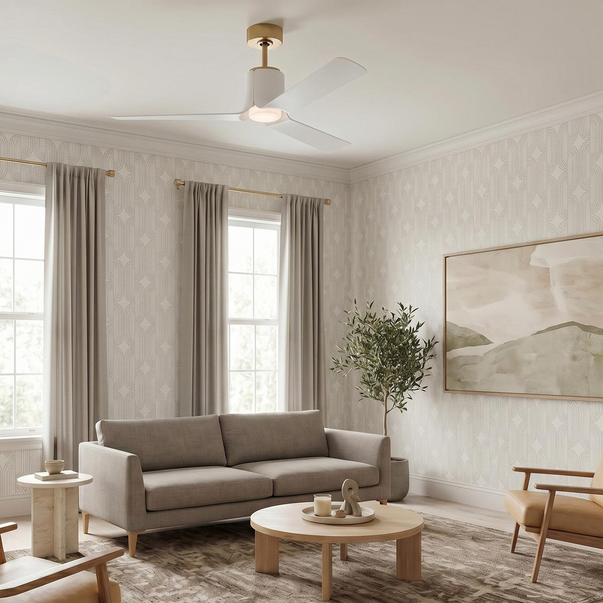 A contemporary living room with the Condor LED Ceiling Fan 52 in Matte White with Modern Brass along the ceiling center over a grey sofa.