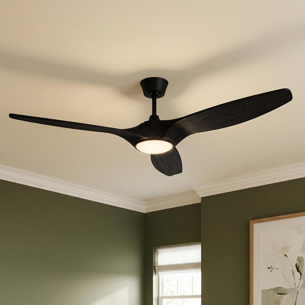 A modern living room with the Osprey LED Ceiling Fan 60 inch in matte black oak installed in the ceiling center against olive walls and white crown molding.