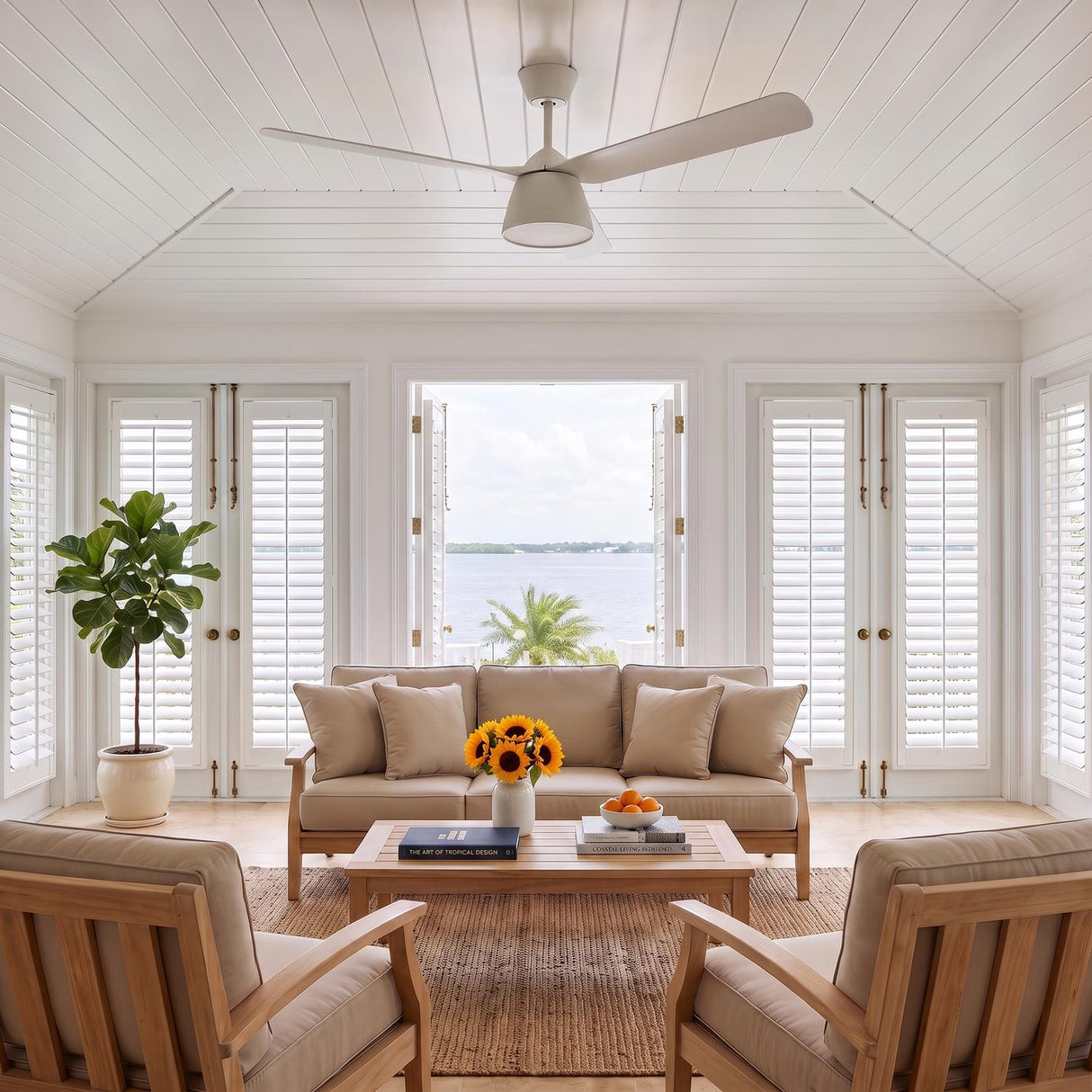 A coastal living room with a matte white Linnet LED Ceiling Fan 60" mounted to a vaulted shiplap ceiling above wood furniture and white shutters.