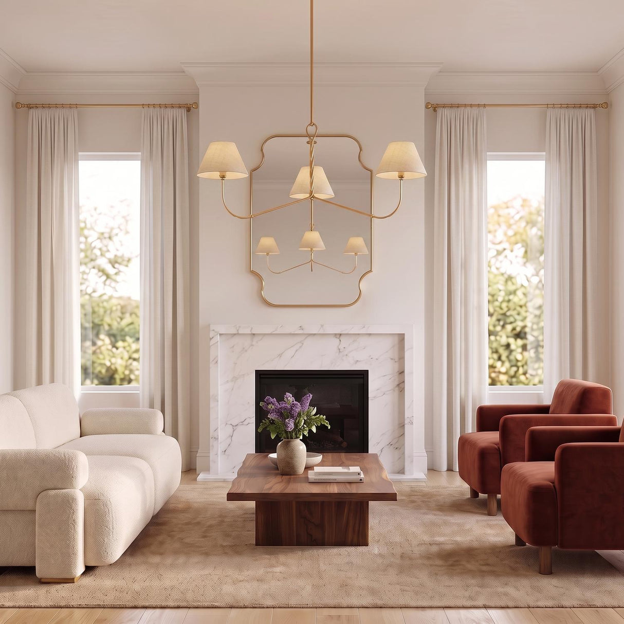 A transitional living room with a gold leaf Thornton Chandelier 48" with natural linen shades hanging over a walnut coffee table and white marble fireplace.