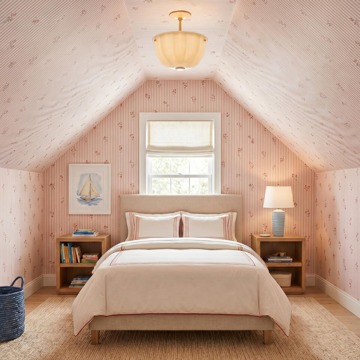 A cottage bedroom with the Cortland Semi-Flush 14", Champagne Glass and Aged Brass centered on a sloped ceiling above an upholstered bed and pink floral wallpaper.