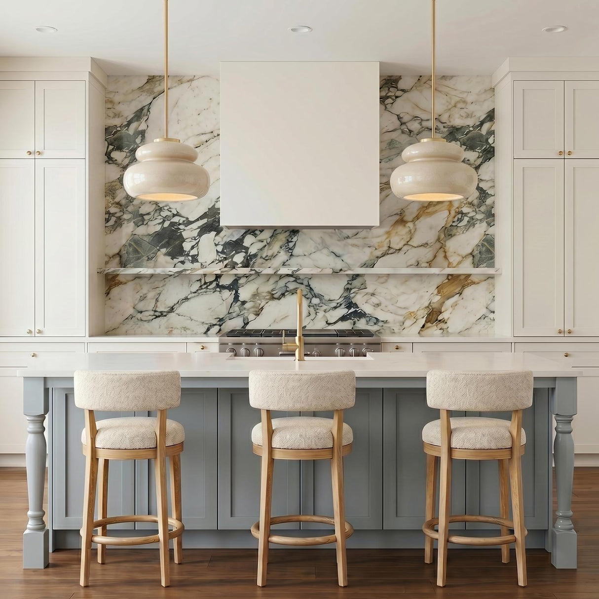 A transitional kitchen with two Ellsworth Pendants in taupe crackle ceramic and aged brass over a white island featuring a dramatic marble backsplash and light blue cabinetry.