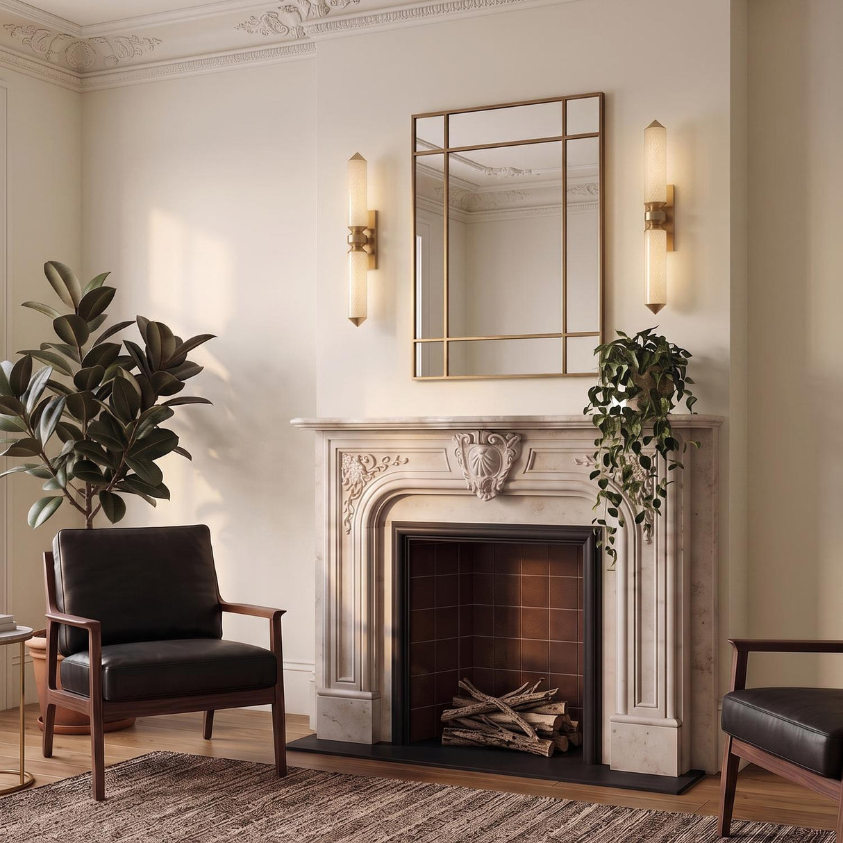 A transitional living room featuring the Prosper LED Wall Sconce in vintage brass and champagne seeded cloud glass flanking a mirror above a white marble fireplace.