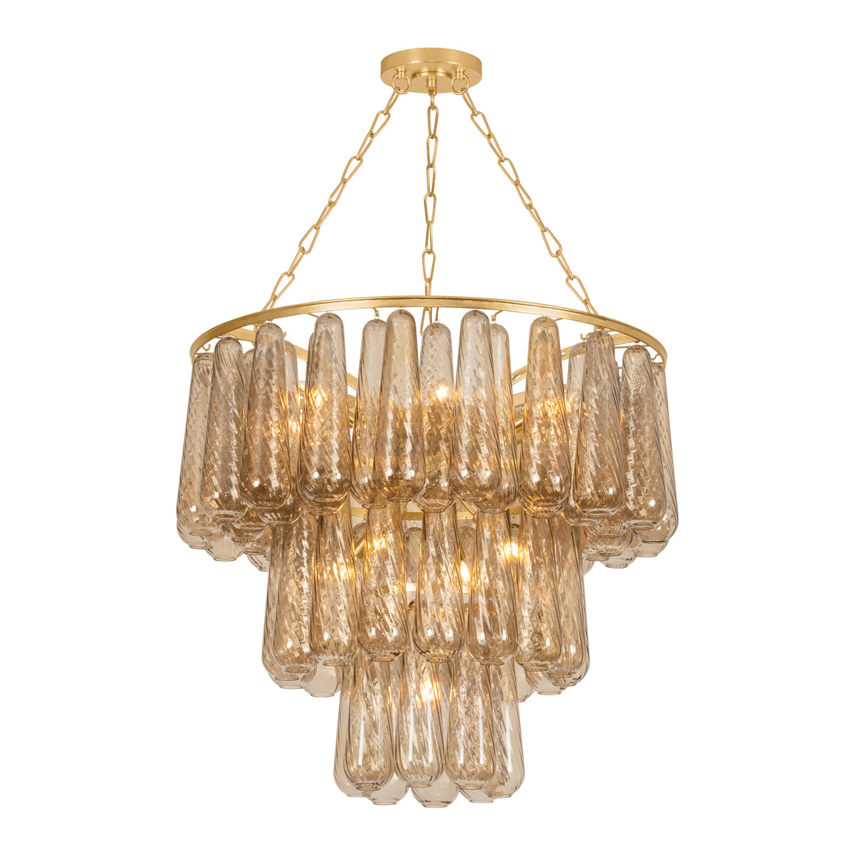 Petronella Three-Tier Chandelier 36", Gold Leaf and Smoke Taupe Swirled Glass