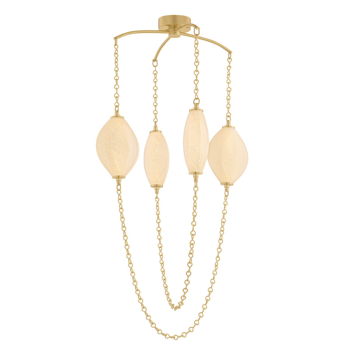 Opalina LED Chandelier 30", Vintage Brass and Seeded Cloud Glass