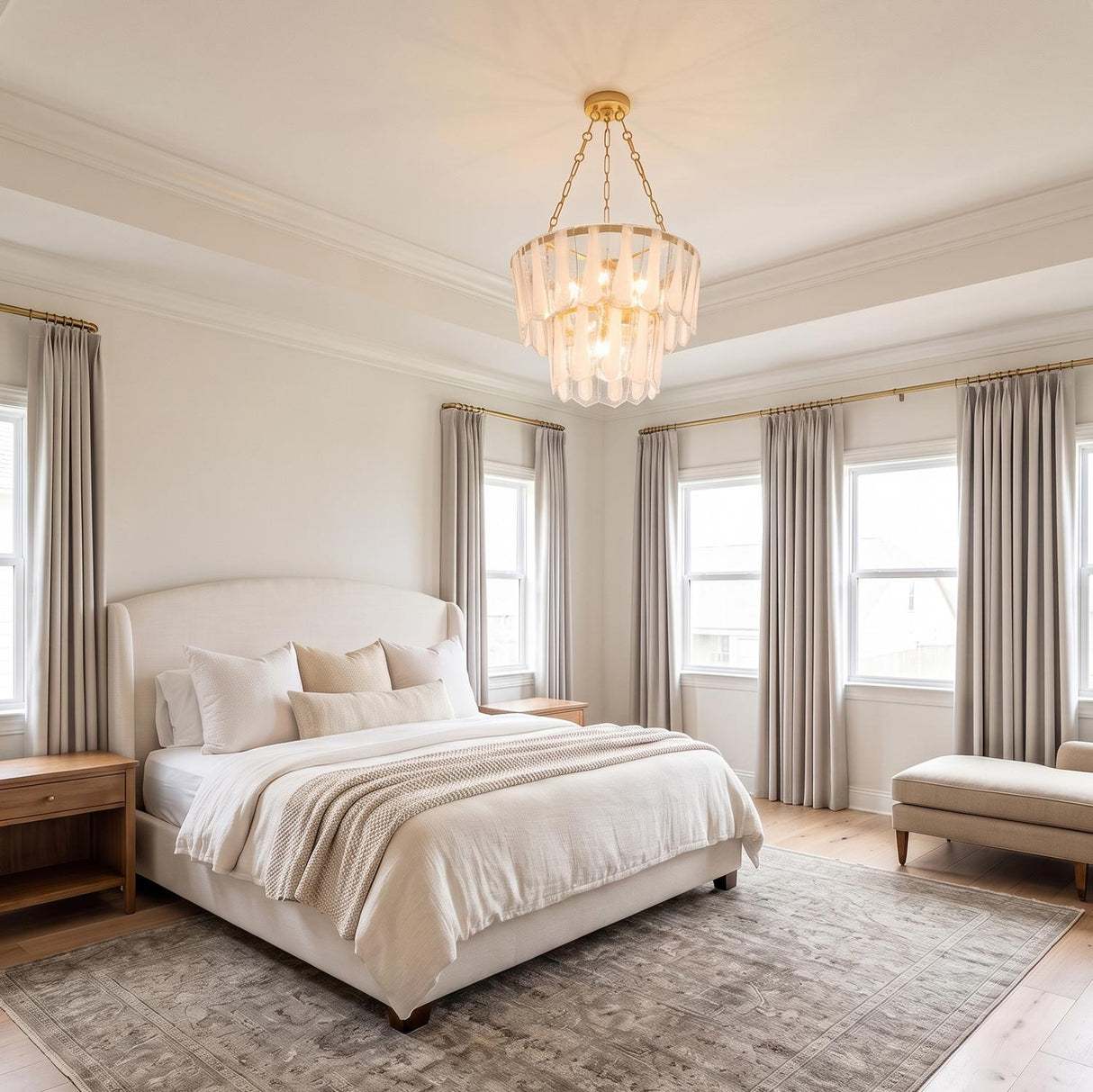 A transitional bedroom with a gold leaf and piastra glass chandelier centered in a coffered ceiling above a cream upholstered bed and light wood nightstands.