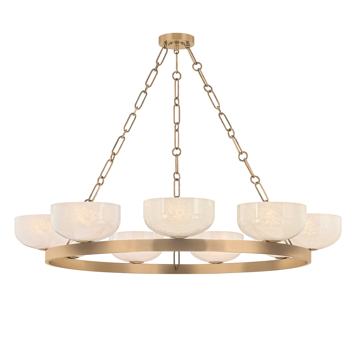 Halcyon 9 Light Chandelier 44", Patina Brass and Seeded Cloud Glass