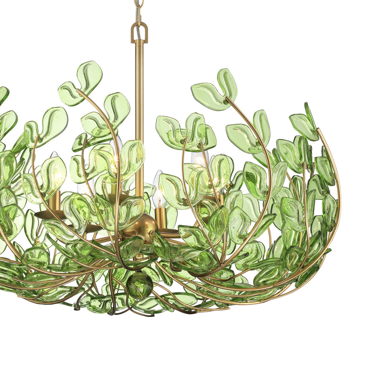Esme Chandelier 29", Soft Brass and Green Glass