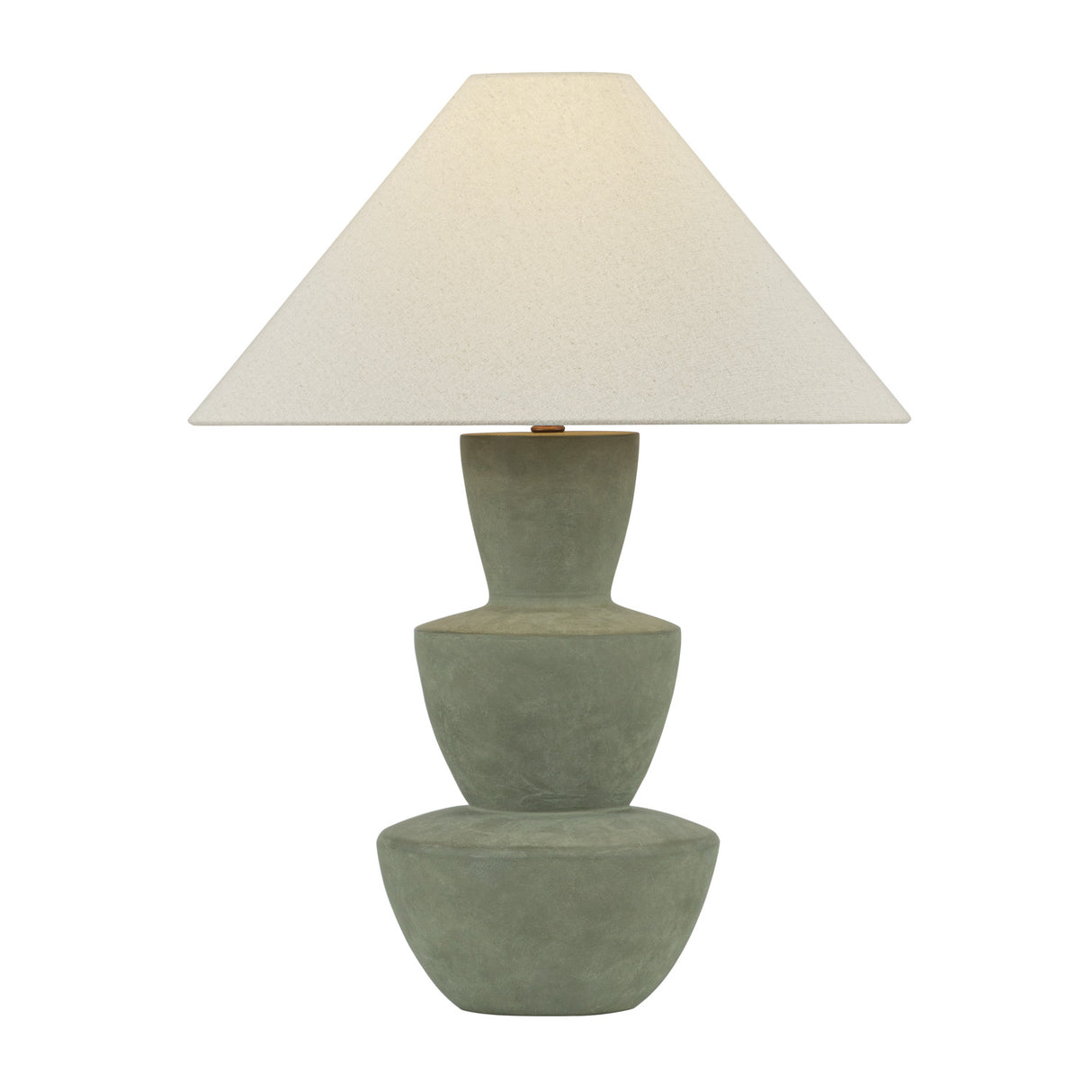 Andrea modern table lamp with a three-tiered stacked ceramic base in a muted moss green color and a tapered off-white fabric shade.