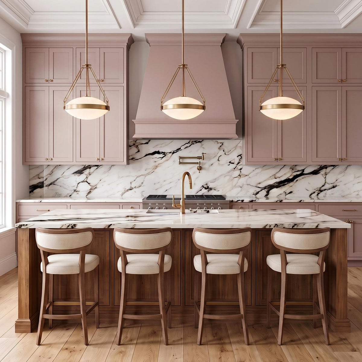 A transitional kitchen with three patina brass and glass pendants suspended over a white marble island with mauve cabinetry and a white coffered ceiling.