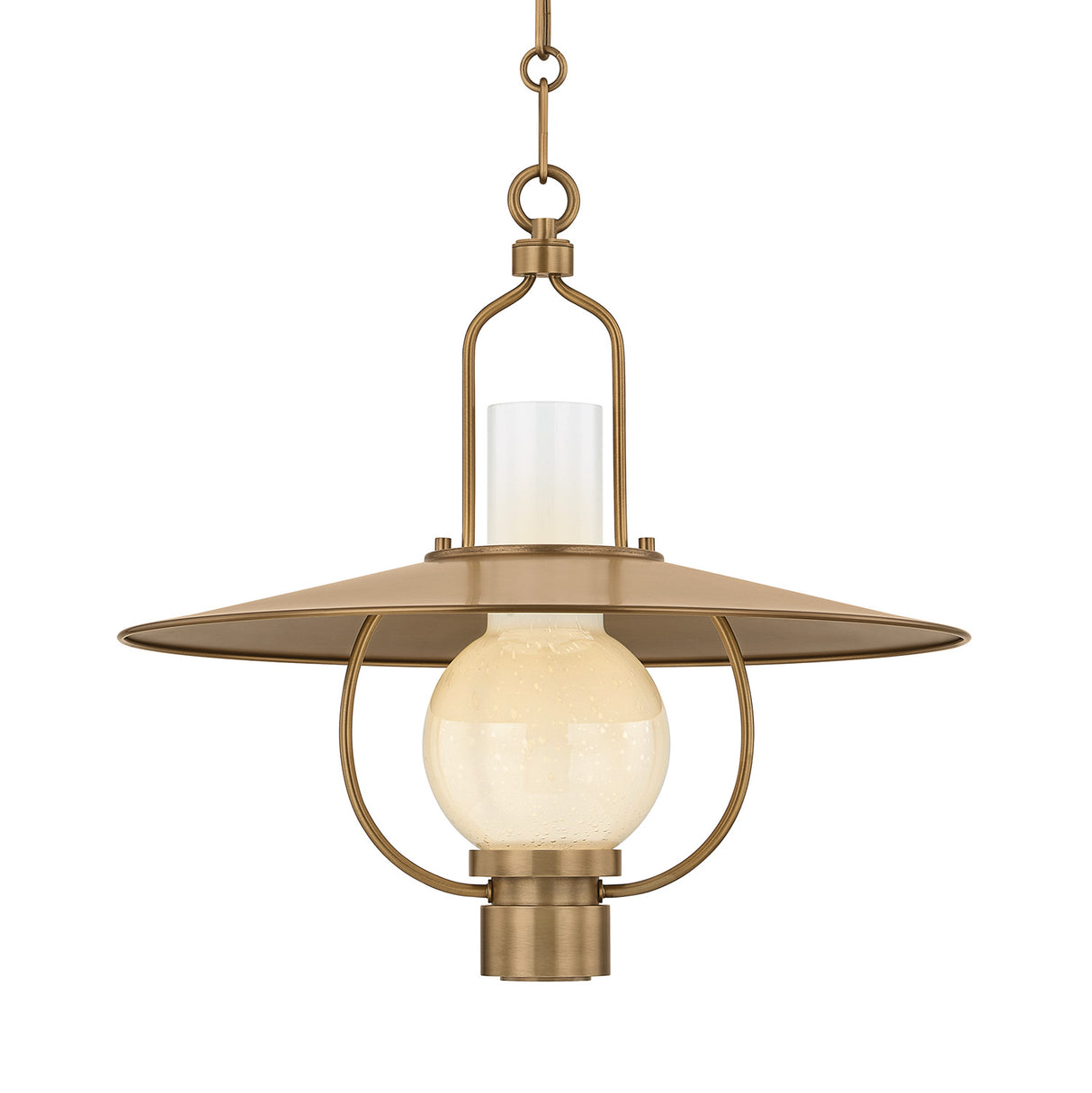 Leonel Medium Pendant 20", Patina Brass and Seeded Cloud Glass