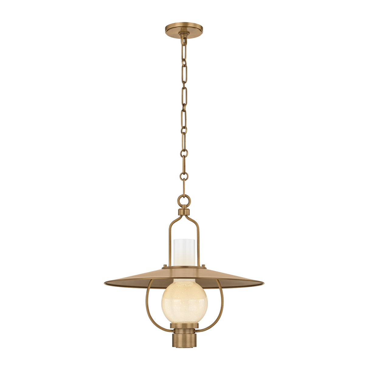 Leonel Medium Pendant 20", Patina Brass and Seeded Cloud Glass