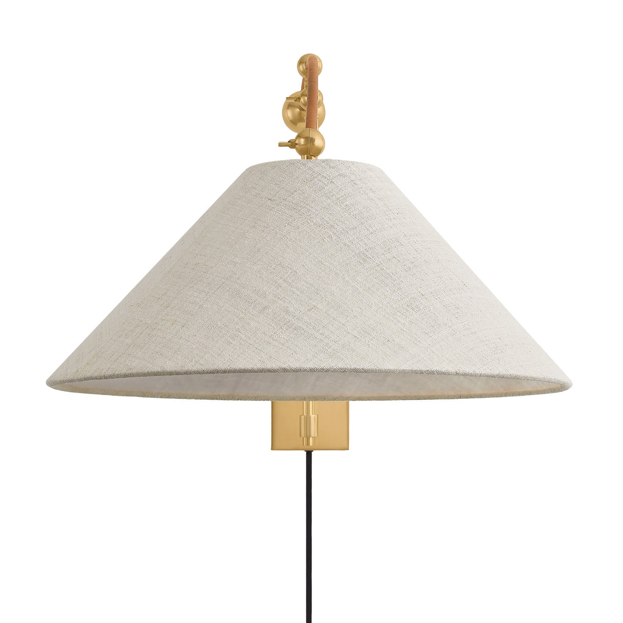 Leif Swing Arm Wall Sconce, Aged Brass, Rattan, and Hemp Shade