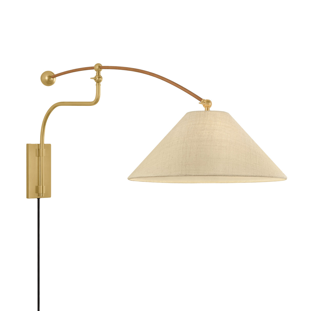 Leif Swing Arm Wall Sconce, Aged Brass, Rattan, and Hemp Shade