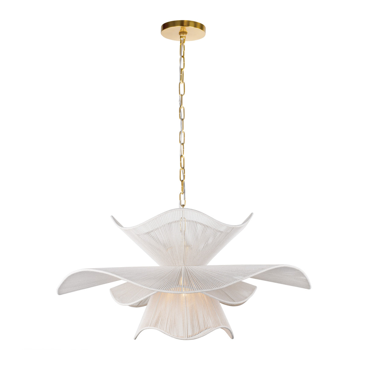 Lotus Chandelier 34", Aged Brass and Natural Cotton