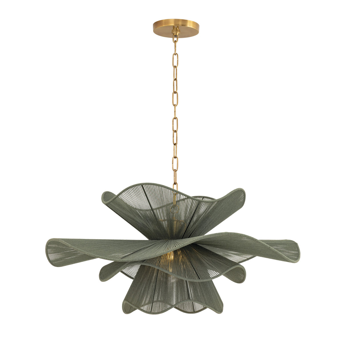 Lotus Chandelier 34", Patina Brass and Rosemary Cotton