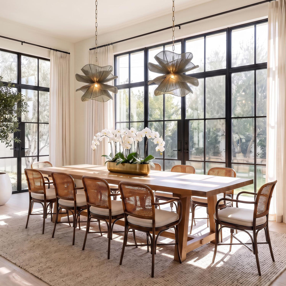 A contemporary dining room featuring two Lotus Pendants in patina brass and rosemary cotton hanging over a long wood table with woven cane chairs.