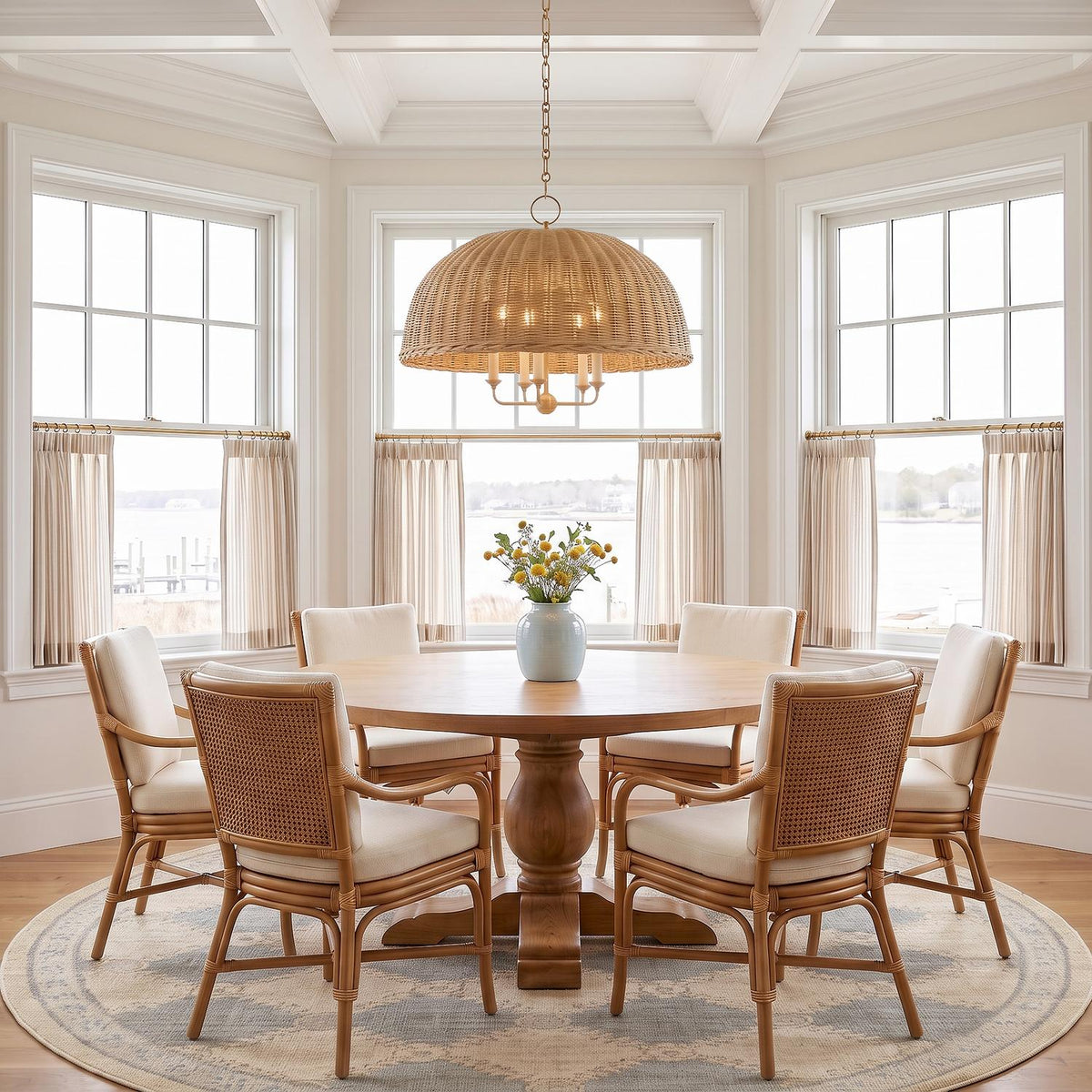 A coastal dining room featuring the Valencia 5 Light Pendant 30", Aged Brass and Natural Wicker suspended over a round wooden table beneath a coffered ceiling.