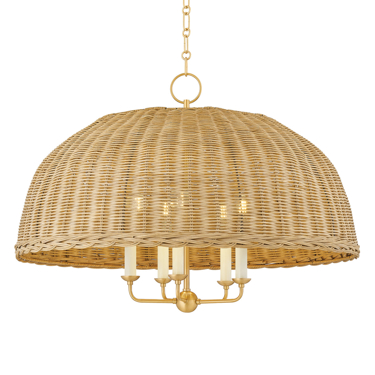 Valencia 5 Light Pendant 30", Aged Brass and Natural Wicker