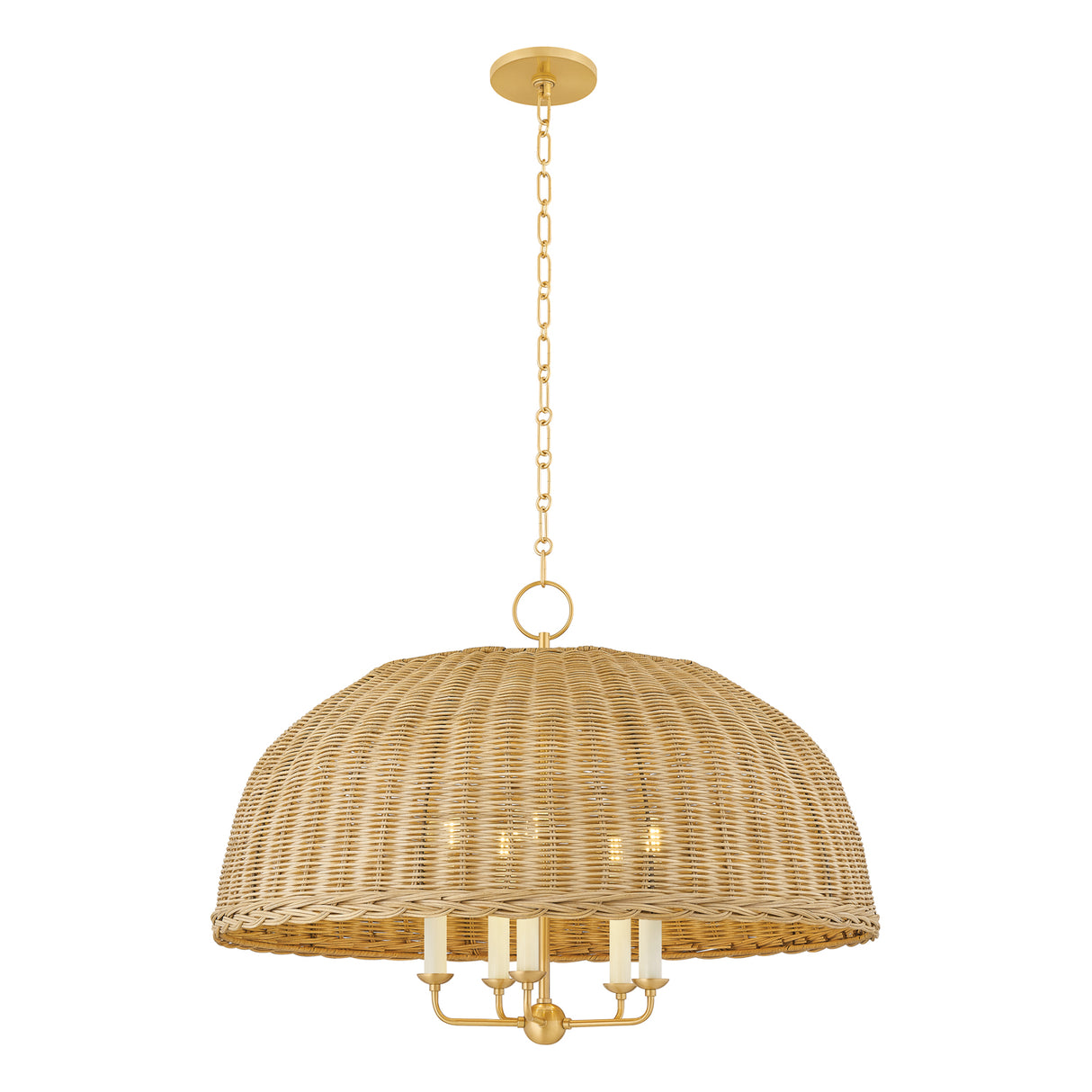 Valencia 5 Light Pendant 30", Aged Brass and Natural Wicker