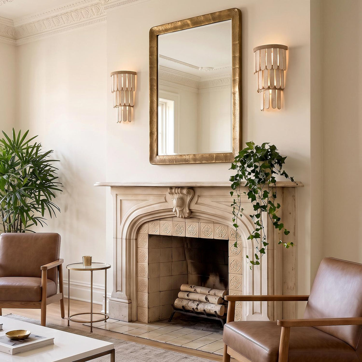 A traditional living room with two Hannigan Wall Sconce 18-inch fixtures in whitewash wood and patina brass flanking a gold mirror above a carved stone fireplace.
