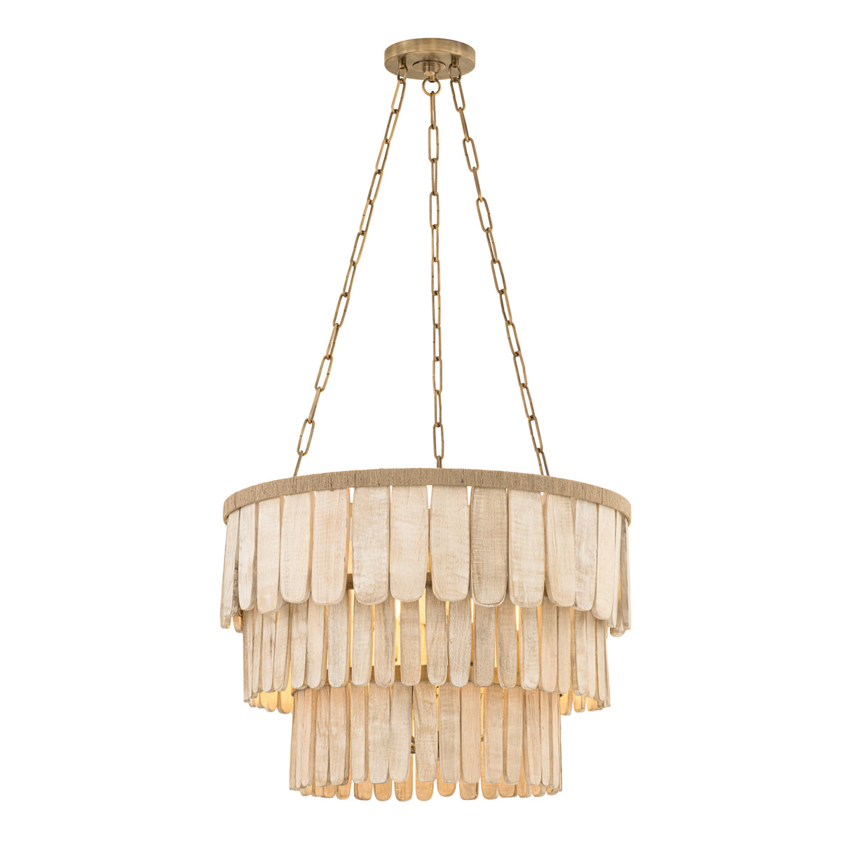 Hannigan Chandelier 26", Whitewash Wood and Patina Brass