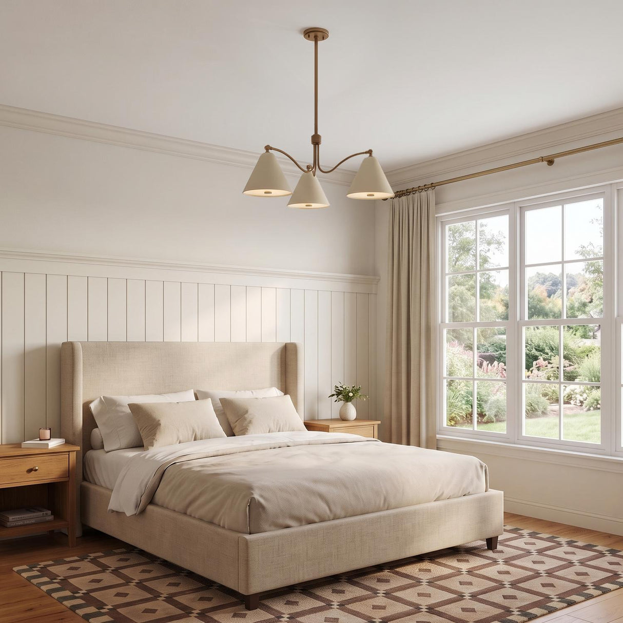 A transitional bedroom featuring the Bryden 3 Light Chandelier in patina brass and soft sand centered above a beige upholstered bed and white vertical wainscoting.