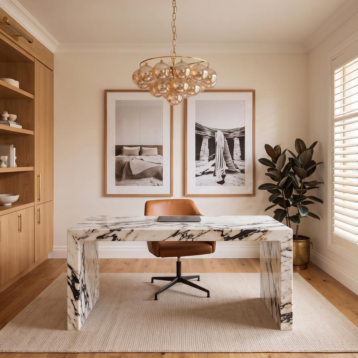 A contemporary office with the Kassia 6 Light Chandelier in aged brass and mirrored champagne glass centered over a white marble waterfall desk and oak built-ins.