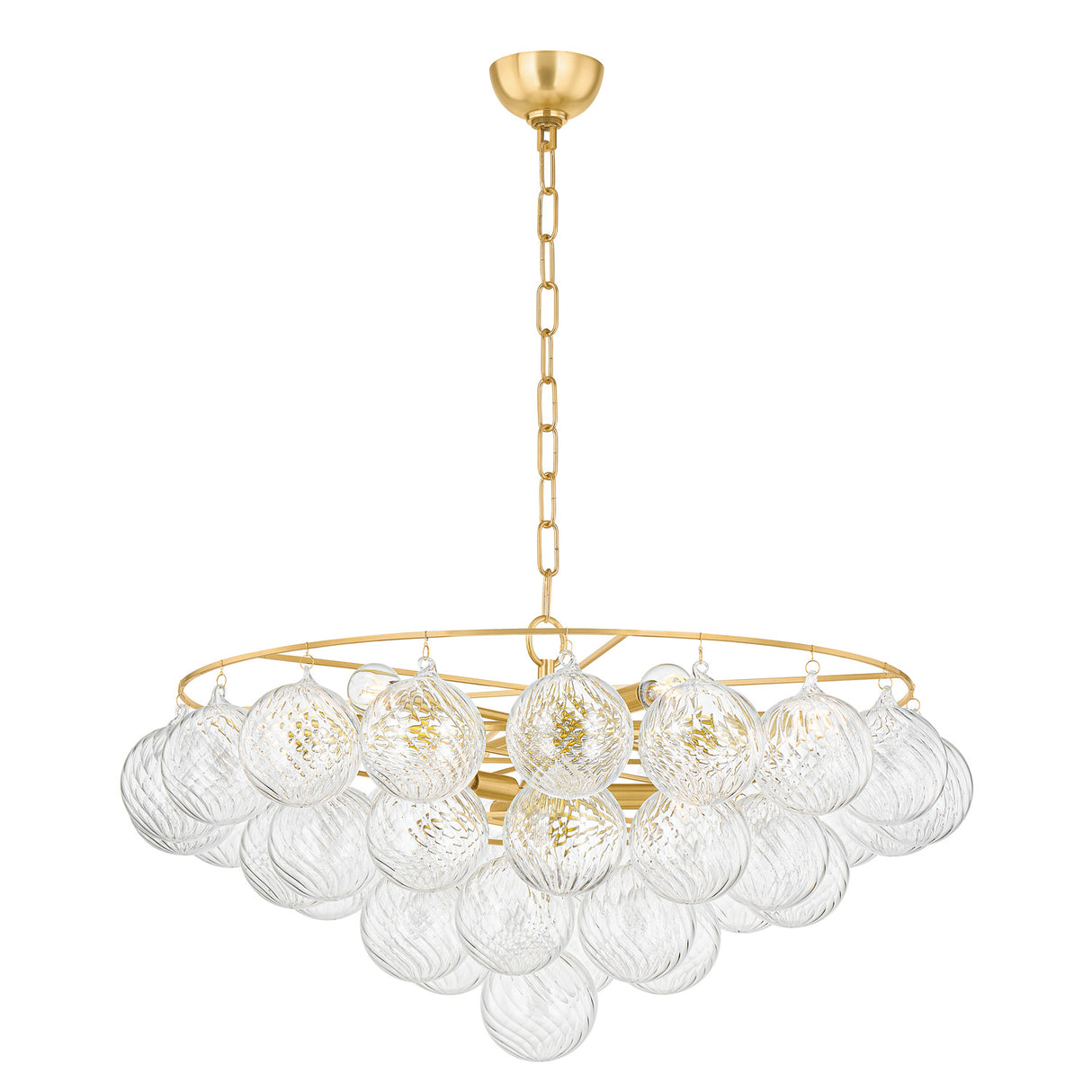 Kassia 9 Light Chandelier 32", Aged Brass and Clear Swirled Glass