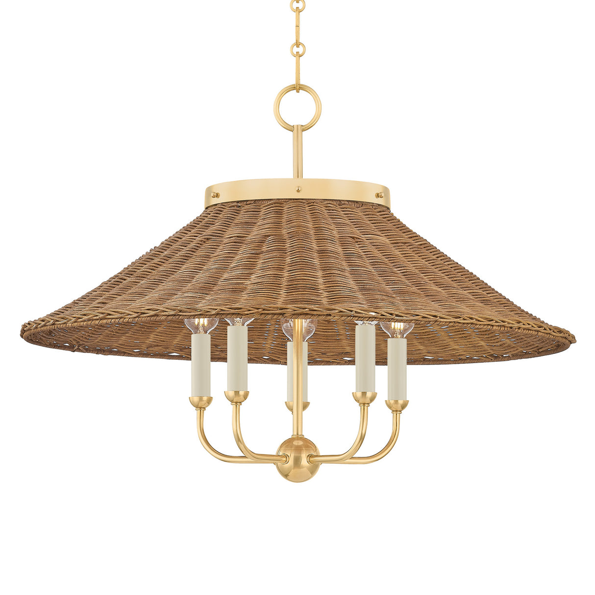 Bramble 5 Light Chandelier 28", Walnut Wicker and Aged Brass