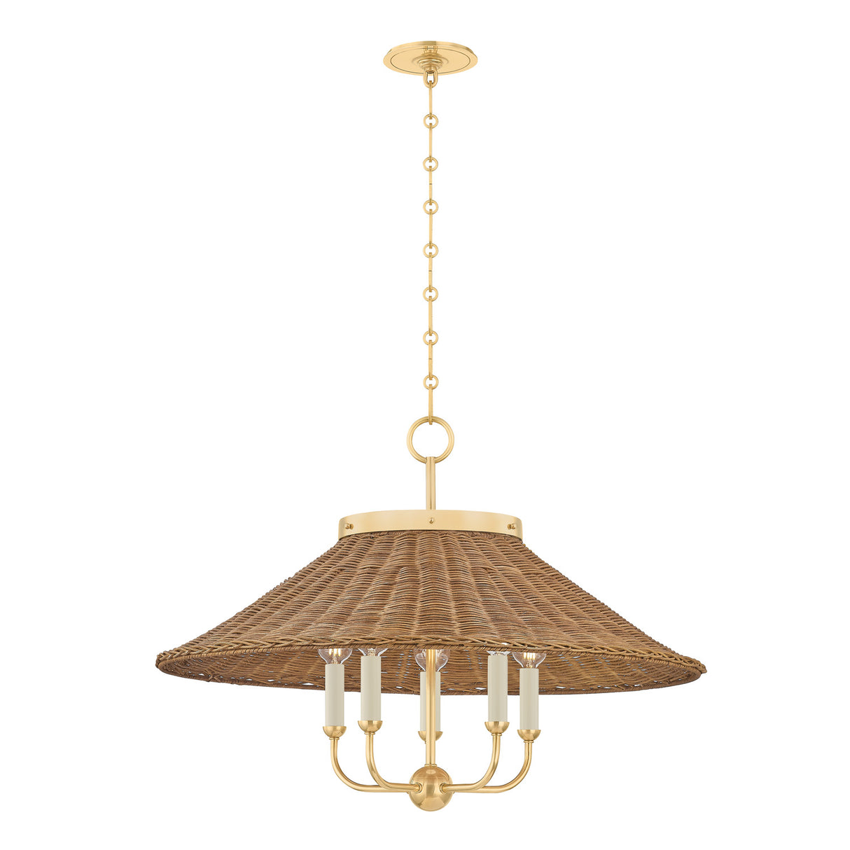 Bramble 5 Light Chandelier 28", Walnut Wicker and Aged Brass