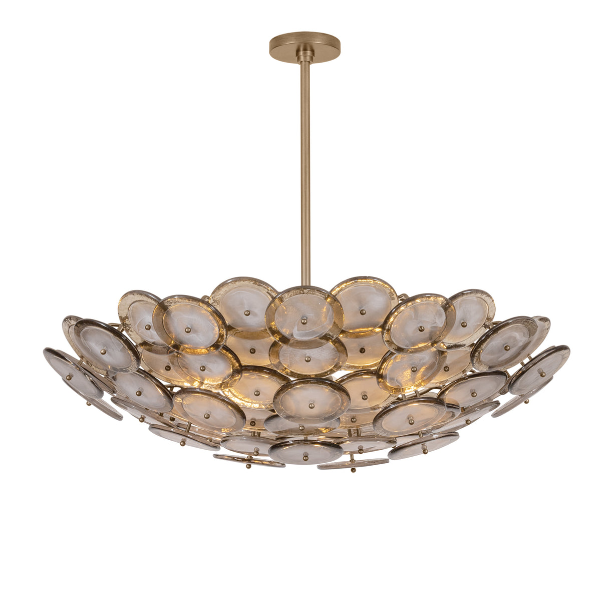 Perenna Large Chandelier 32", Patina Brass and Smoke Taupe Piastra Glass