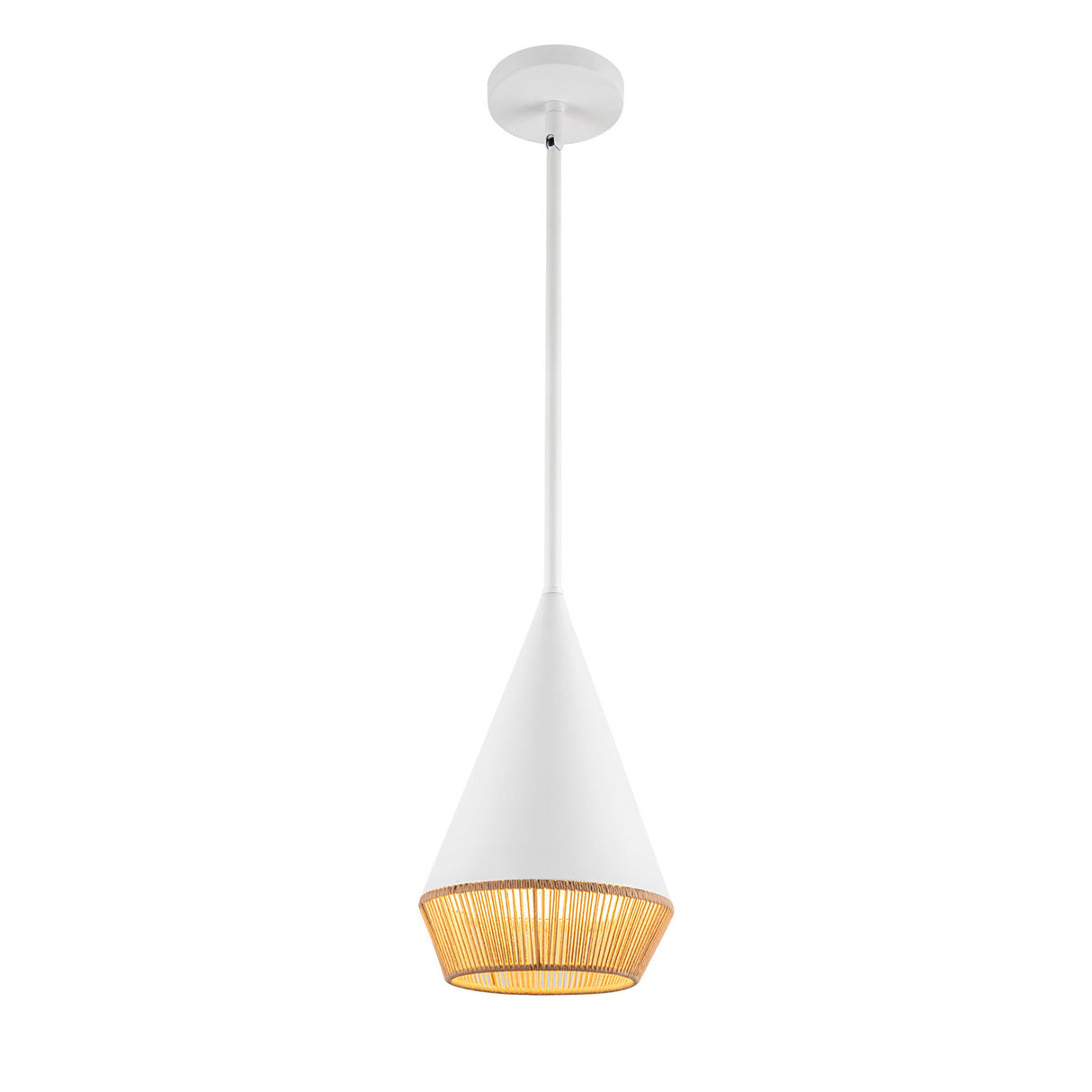 Sunita modern conical pendant with 7" wide matte white metal and brown rope shade.