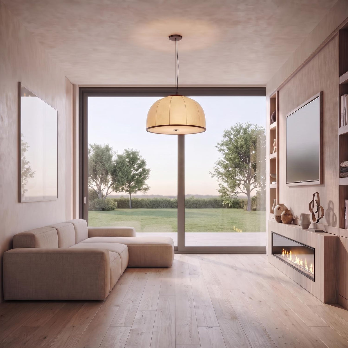 A modern living room with the Emiko Extra Large Pendant 30", Bronze Leaf and Paper Shade suspended above light wood floors and a linear fireplace.