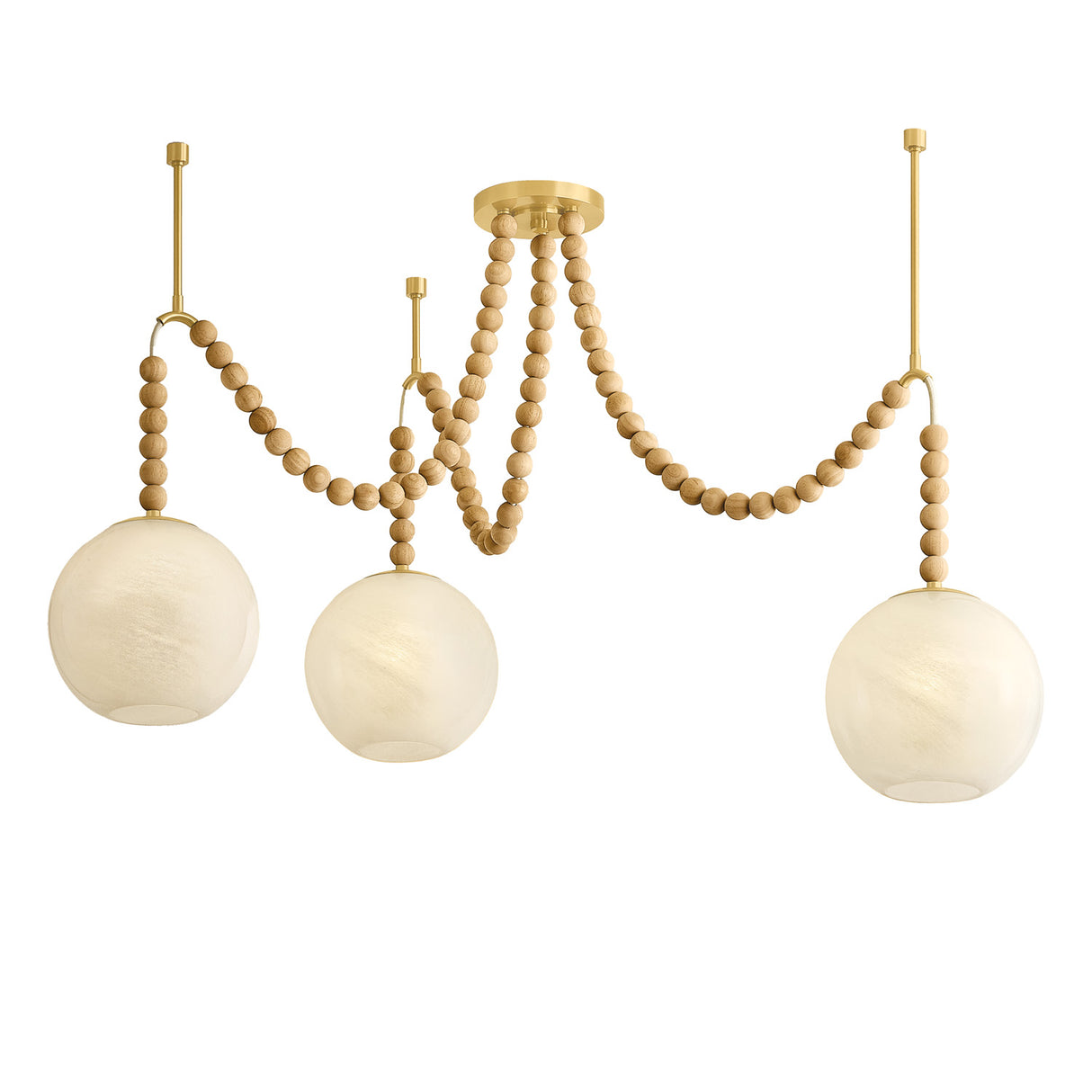 Wilhelmina 3 Light Swag Chandelier, Aged Brass, Oak, and Cloud Glass