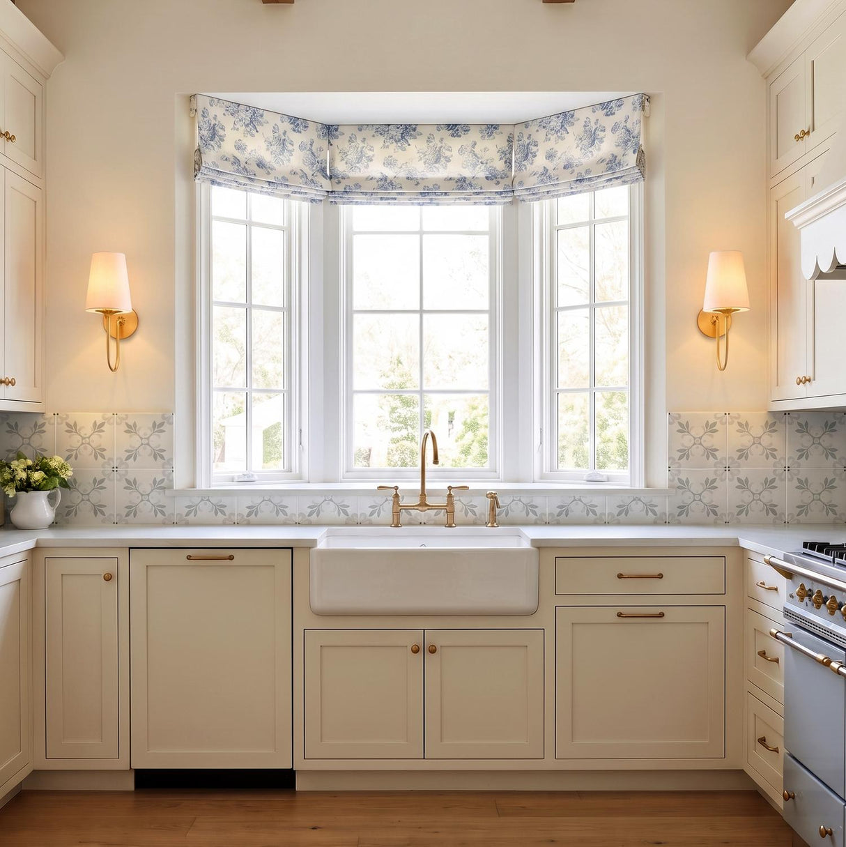 A traditional kitchen with two gold leaf wall sconces featuring raw silk shades flanking a large bay window above a white farmhouse sink and patterned tile.