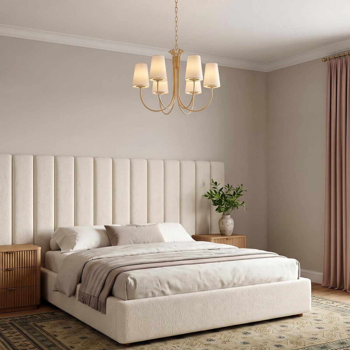 A transitional bedroom featuring the Catherine 6 Light Chandelier 28 inch in gold leaf and raw silk centered above a white channel-tufted bed and fluted wood nightstands.