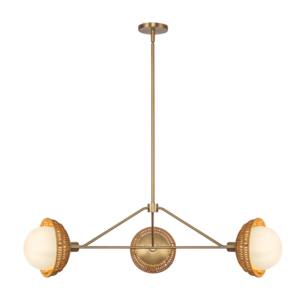 Santino 3 Light Chandelier 40", Brushed Brass and Natural Rattan