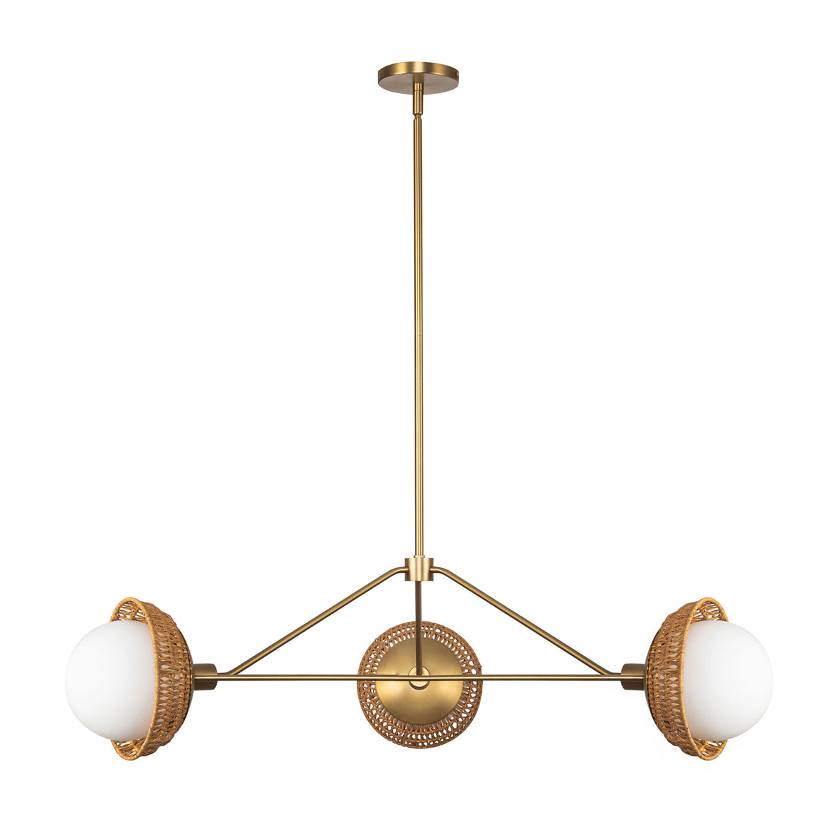 Santino 3 Light Chandelier 40", Brushed Brass and Natural Rattan