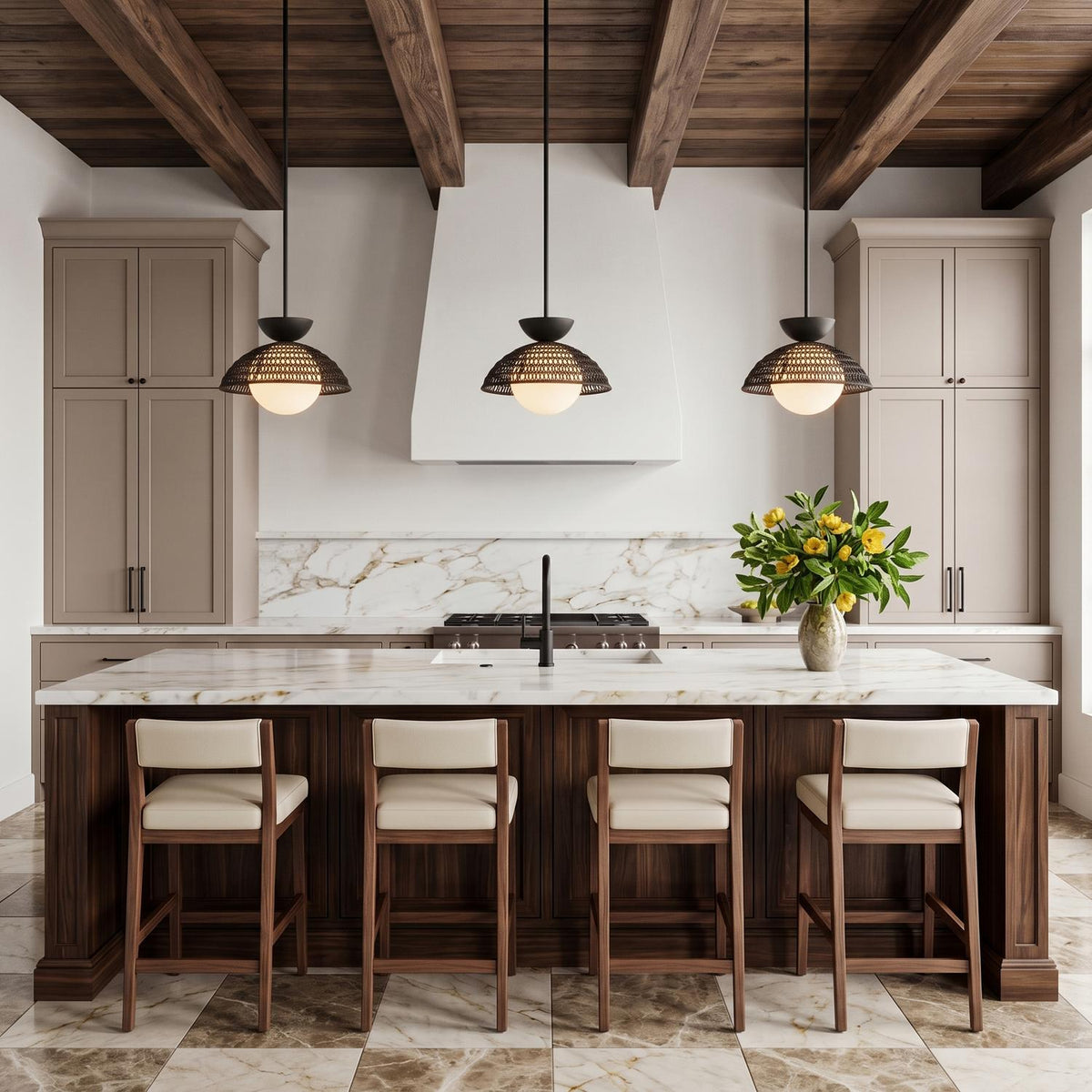 A modern farmhouse kitchen featuring three Santino Pendant 14", Matte Black and Black Rattan fixtures suspended over a dark wood island under a beamed shiplap ceiling.