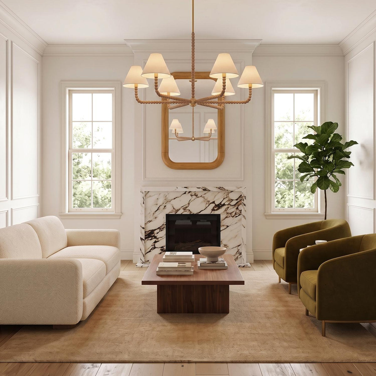 A transitional living room with a natural wood-beaded chandelier and linen shades centered over a walnut coffee table beside a marble fireplace and olive armchairs.