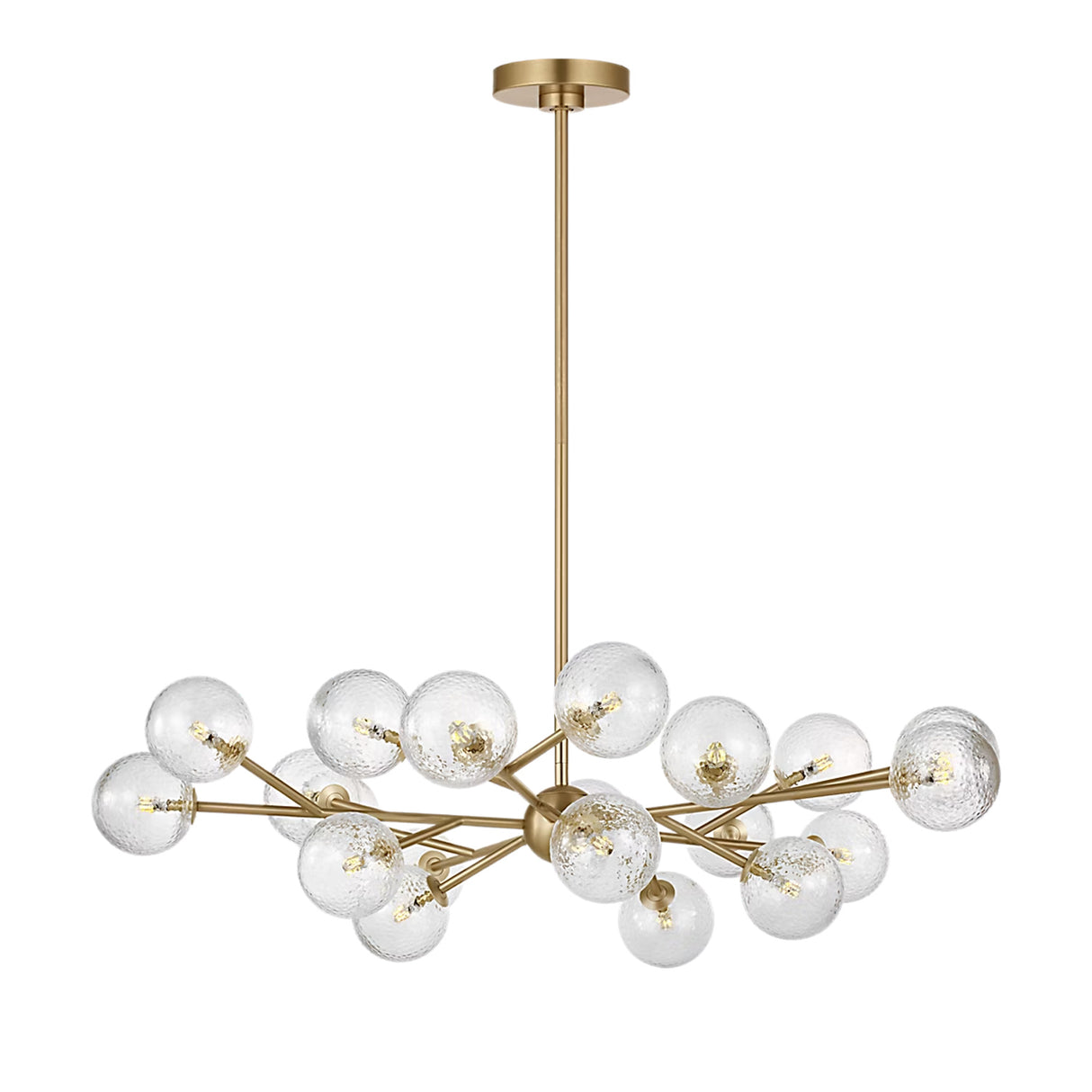 Zinnia Starburst 20-Globe Chandelier 32", Satin Brass and Clear Hammered Glass