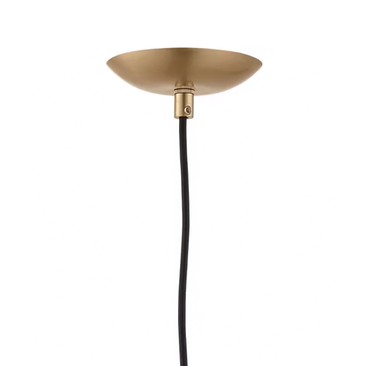 Morrison Pendant, Satin Brass and Opal Glass, side view showing a shallow Satin Brass dome shade and black cord