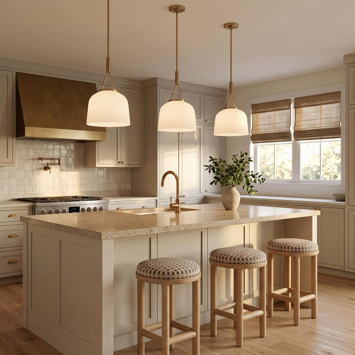 A transitional kitchen with three Stratford Small Pendants in aged brass and opal glass hanging over a beige stone island with neutral cream shaker cabinets.