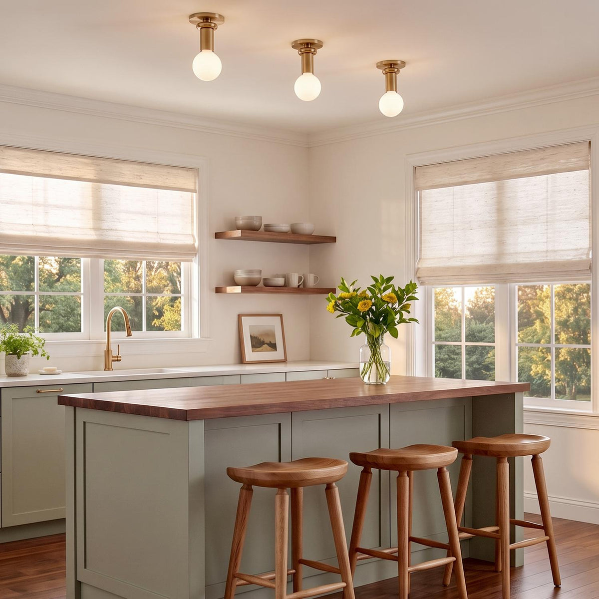 A transitional kitchen with three satin brass globe flush mounts installed along the ceiling above a walnut butcher-block island and sage green shaker cabinets.